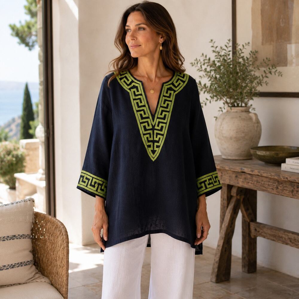 Barbara Gerwit NWT Navy Linen Greek Key Embroidered Tunic Top L
